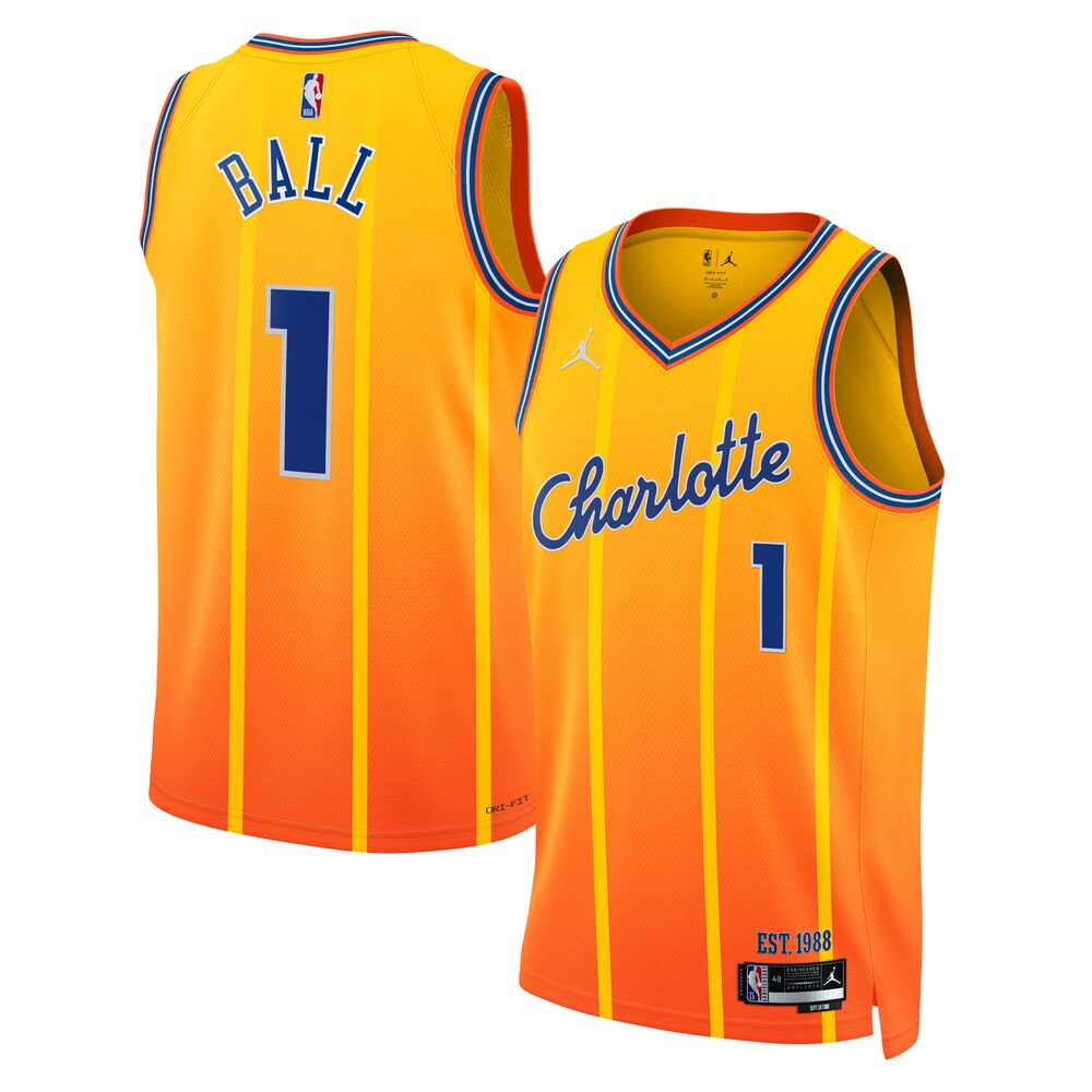 Charlotte Hornets Jordan Brand 202526 City Edition Swingman Jersey Gold Lamelo Ball Unisex | RTJ13177